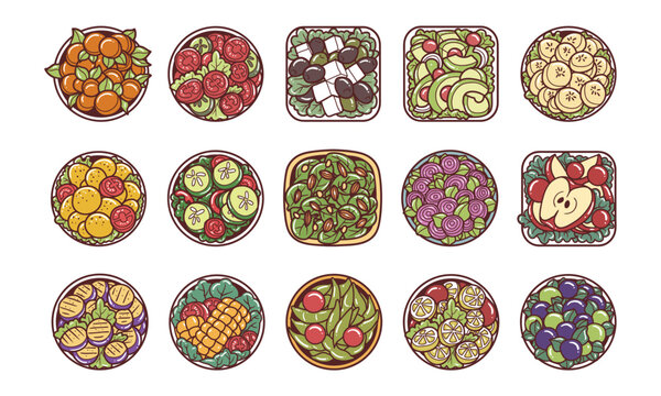 Vegan foods with top view vector graphic illustration set