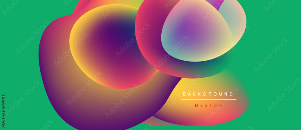 Poster abstract colorful shapes overlap, creating vibrant visual effect. green background complements dynam