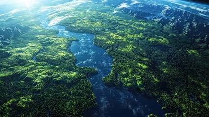 A vast, green, lush landscape with a river flowing through it, surrounded by mountains and a body of water.