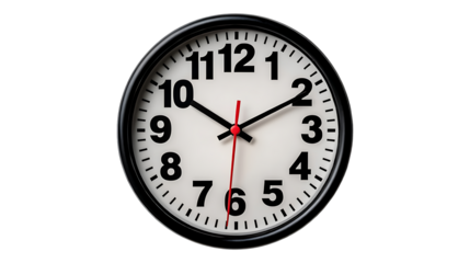 A close up shot of a round clock with a black frame on a dark background showing time  isolated on white  or transparent background.