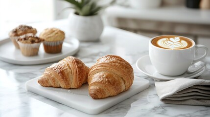 Two croissants and muffins on a marble table with a white background.