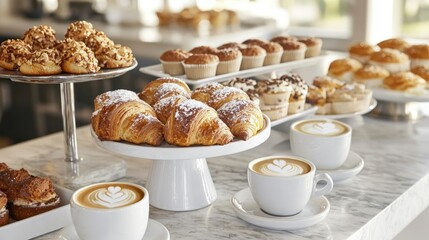 A variety of pastries and coffee cups on a marble countertop.