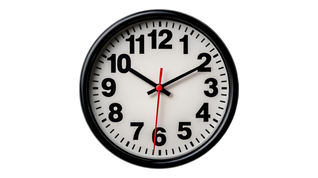 A close up shot of a round clock with a black frame on a dark background showing time  isolated on white  or transparent background.