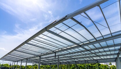 Fototapeta premium A modern, glass-roofed structure under a vibrant, sunny sky, showcasing the intricate metal framework and clear panels.