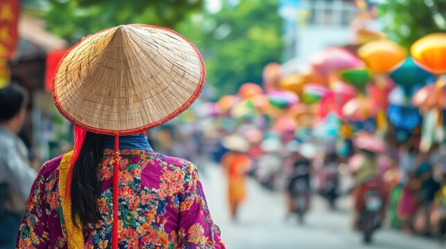 A woman in traditional Vietnamese attire walking in a colorful parade with a conical hat and colorful umbrellas.