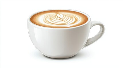 White ceramic cup filled with freshly brewed coffee topped with intricate latte art design