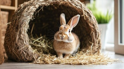 A brown rabbit sitting in a hay-filled hayloft with a window in the background.