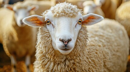A white sheep with curly wool in a herd of sheep.