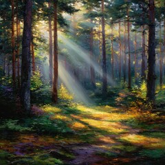 Fototapeta premium Sunlight streams through a sunlit forest path