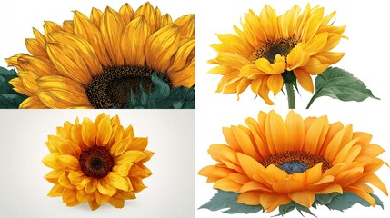 A quartet of vibrant sunflowers, depicted in varying angles and close-ups, showcasing their rich yellow petals, dark brown centers, and hints of green foliage.  