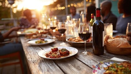 Outdoor dining table laden with food and drinks, bathed in golden sunlight.  A group of people are enjoying a meal together