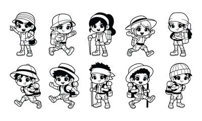 Outline kids hikers character vector graphic illustration set.
