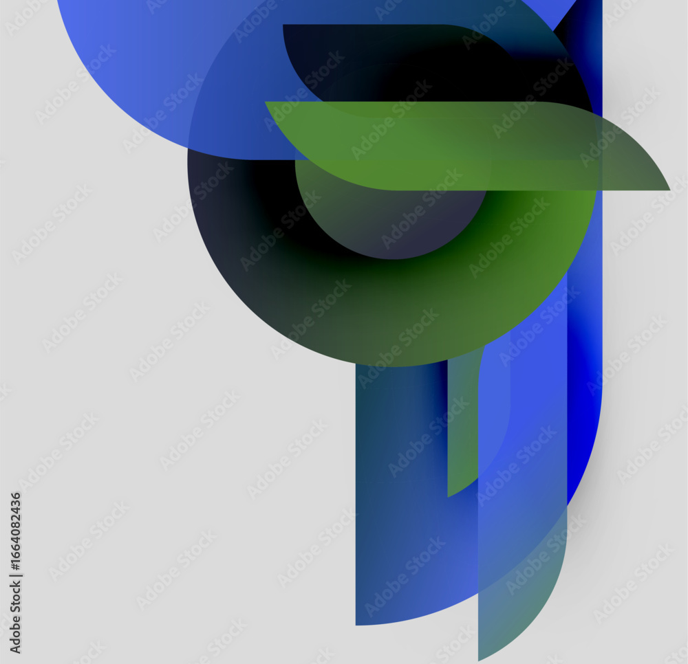 Poster abstract composition. overlapping translucent shapes create dynamic visual effect. blue, green, blac