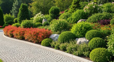 A beautifully landscaped garden path curves alongside a vibrant border of red and green shrubs, with lush bushes and rocks creating a textured hillside