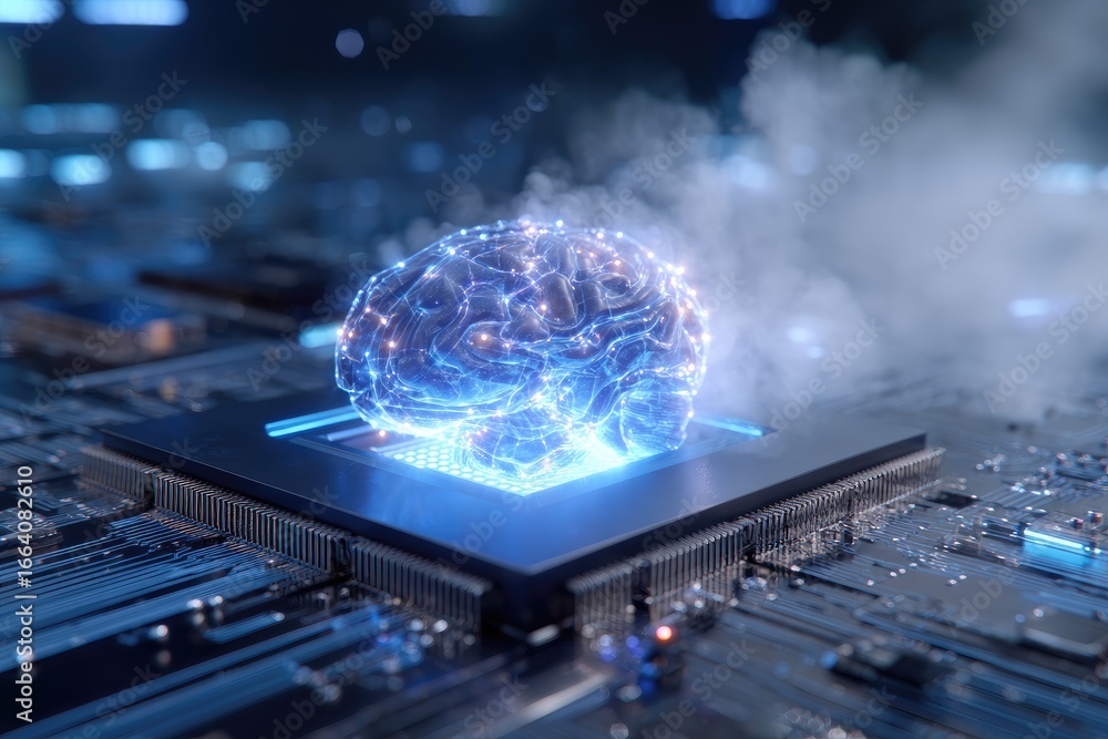 Fototapete a glowing, digital brain rests atop a computer circuit board. blue light emanates from the brain, wh