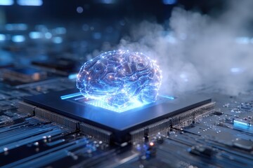 A glowing, digital brain rests atop a computer circuit board.  Blue light emanates from the brain, which is composed of interconnected lines and points, reminiscent of neural pathways.