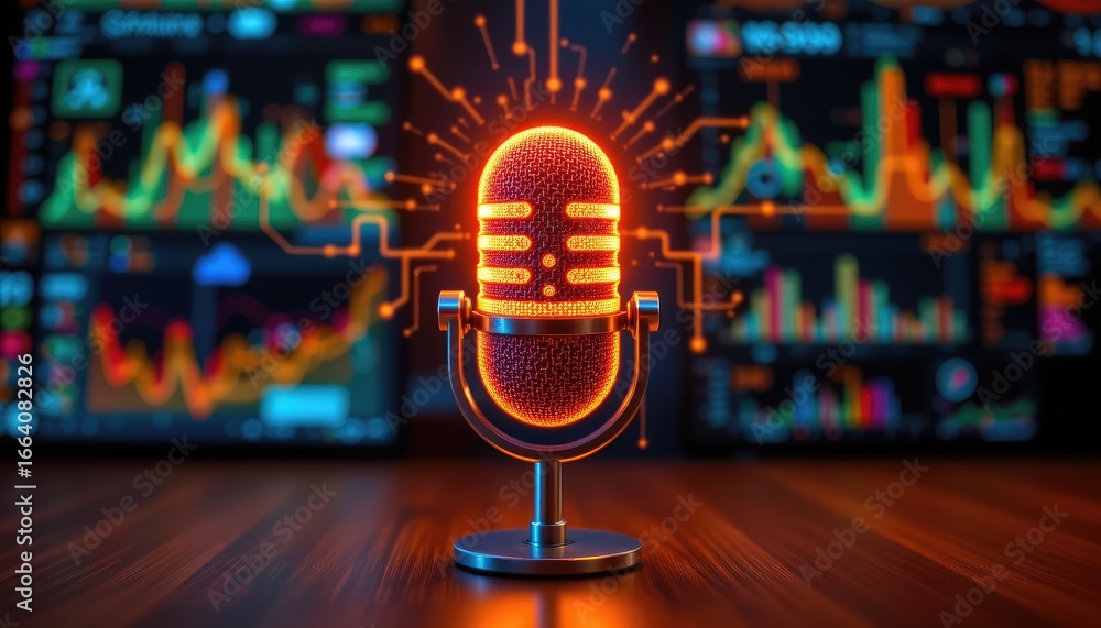 Poster vibrant microphone with glowing elements in front of dynamic financial charts and graphs, symbolizin