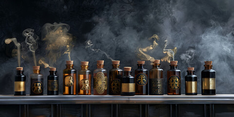 Mysterious vintage potion bottles with wisps of smoke and golden accents on a shelf