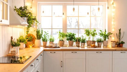 A bright and inviting kitchen, filled with herbs and plants, bathed in warm light, showcasing a cozy and cheerful atmosphere.