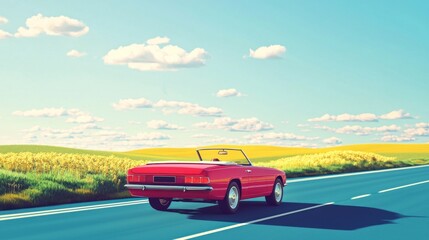 A red convertible car driving down a road with a clear blue sky and yellow fields on either side.