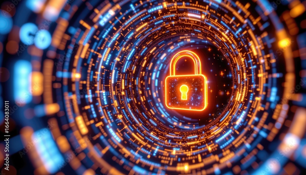 Poster digital lock concept with glowing particles creating a security tunnel in cyber space visual represe