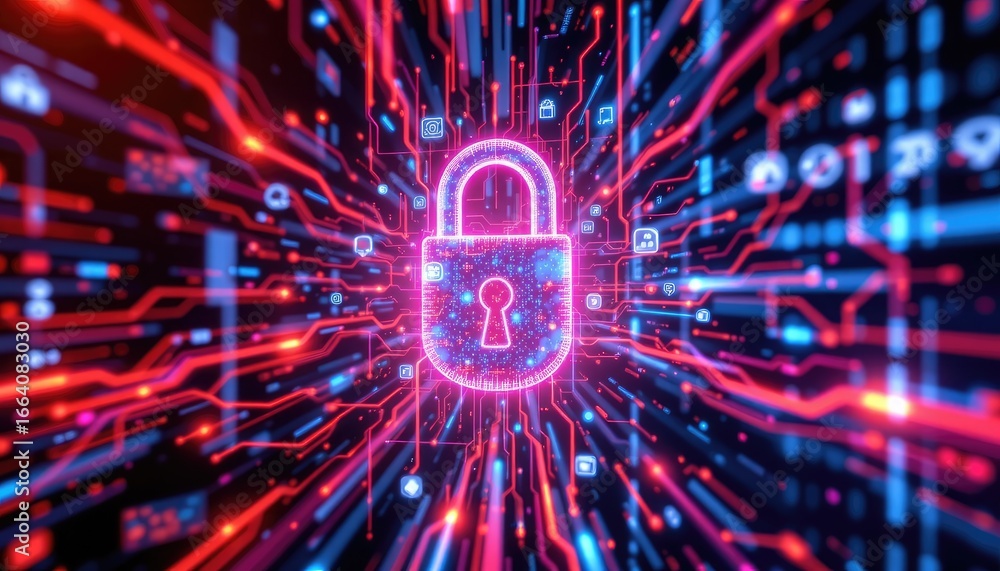 Poster colorful digital lock symbol with data streams and connectivity in cybersecurity and technology back