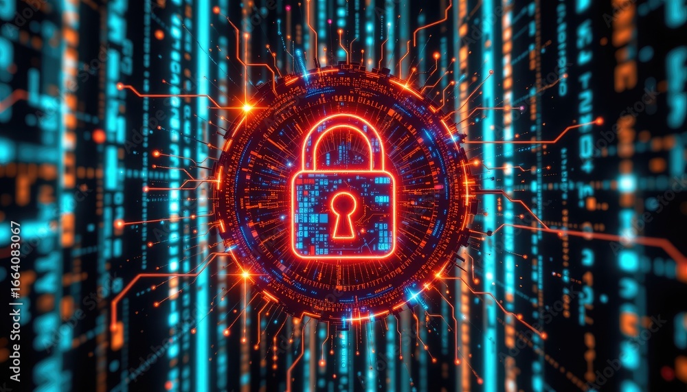 Poster futuristic digital lock symbol representing cybersecurity and data protection in a virtual environme
