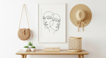 A stylish interior featuring a minimalist line art portrait, a straw hat, and a woven bag, creating a modern and artistic home decor