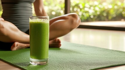 A person meditating on a green yoga mat with a glass of green smoothie in front of them.