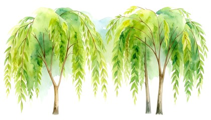 Watercolor illustration of three weeping willow trees