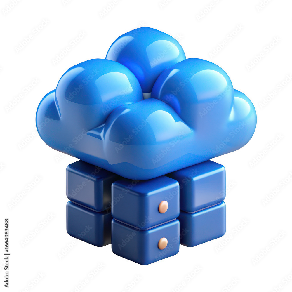 Poster abstract 3d rendering of a blue cloud symbol resting on a cube made of smaller blue cubes isolated o