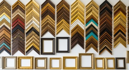 A diverse collection of picture frames and ornate molding samples are artfully arranged on a white wall, showcasing various styles and colors for interior design inspiration
