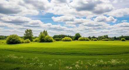 Fototapeta premium A vast green field stretches towards a treeline under a bright blue sky filled with fluffy white clouds on a sunny summer day