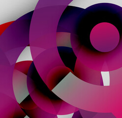 Fototapeta premium Abstract composition. Overlapping circles, curves create dynamic visual effect. Shades purple, red, black dominate design. Modern, vibrant.