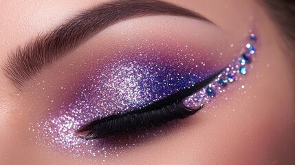 Purple and blue glittery eye makeup with sparkles and rhinestones.