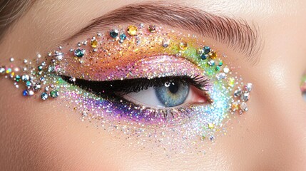 A woman's eye with colorful glitter and rhinestones, with a focus on the eye and eyelashes.