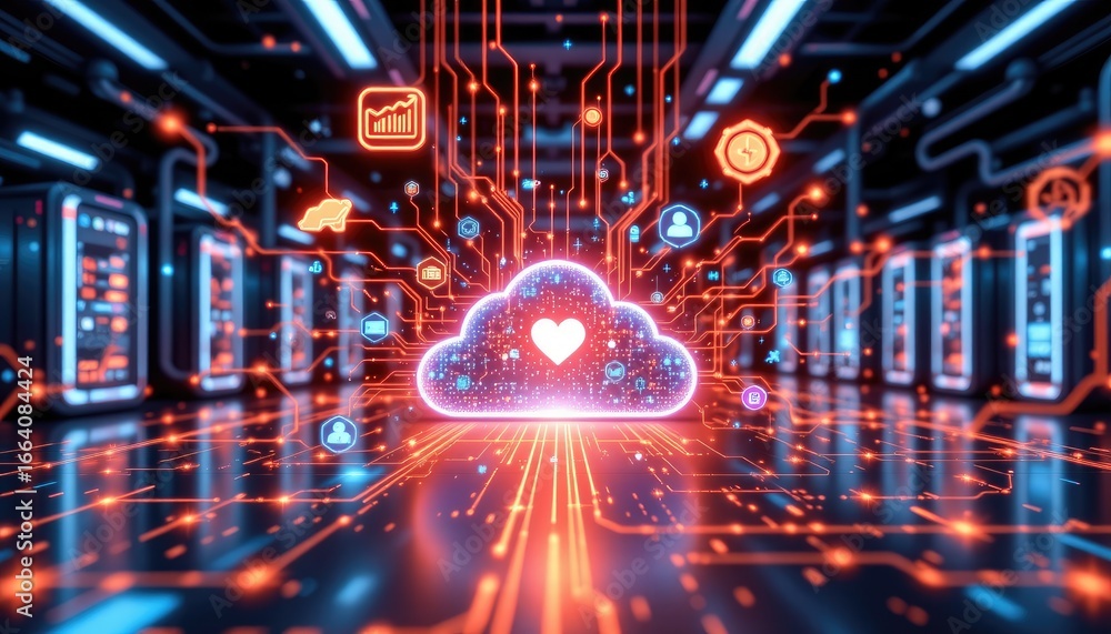 Poster digital cloud technology network with heart symbol representing data connectivity and relationship i