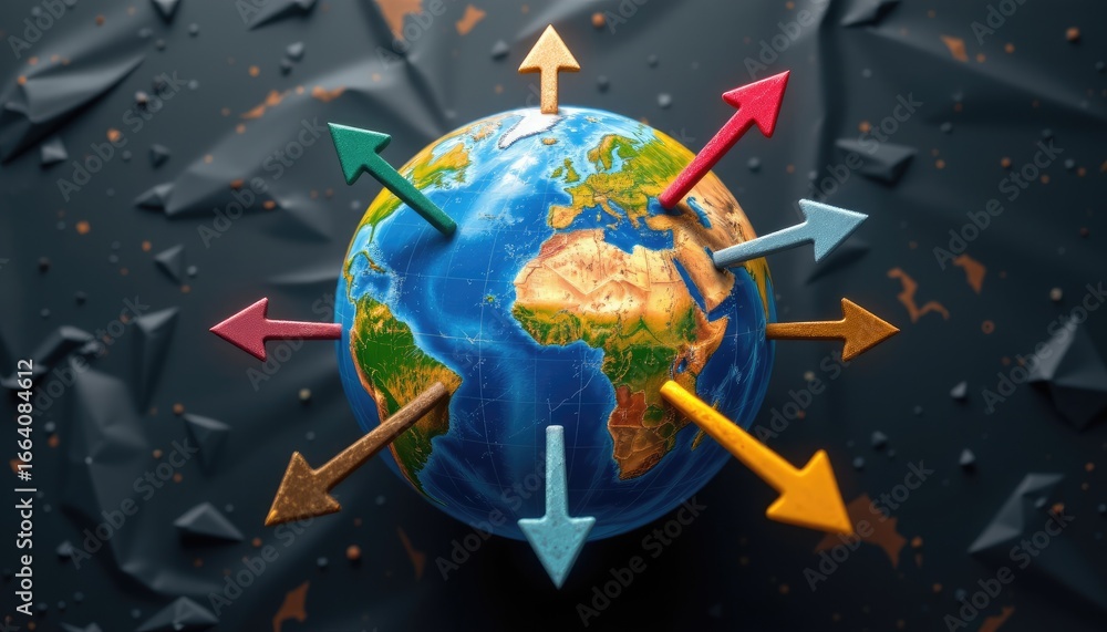Poster colorful arrows pointing to global regions on earth with abstract background and textured surface