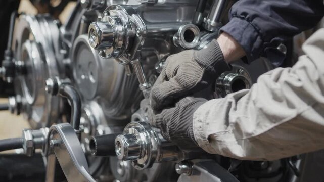 Engine assembly in a workshop during daylight by a skilled technician using tools and equipment for precision work