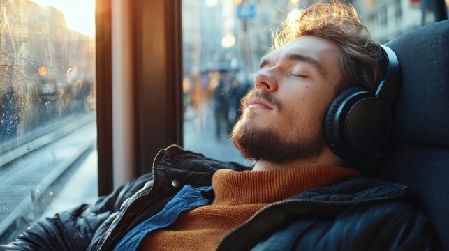 A man with headphones on, resting his head on a bus seat, looking out the window with a cityscape visible through the window.