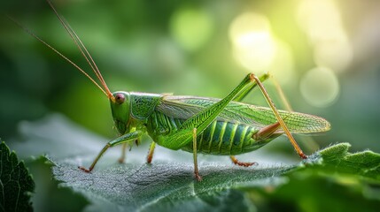 Macro close-up of green grasshopper perched on fresh leafy background showcasing detailed body structure long antennae and natural insect textures captured in high resolution nature photography