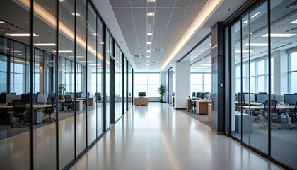 Fototapeta premium Modern and Spacious Office Interior with Glass Walls and Abundant Natural Light
