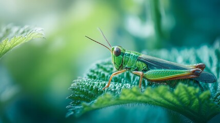 Detailed macro image of green grasshopper sitting on leaf with natural blurred background highlighting antennae legs and body structure perfect for insect wildlife macro nature photography themes