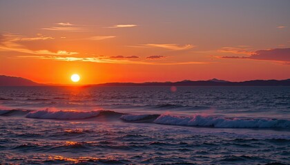 Obraz premium Serene Sunset over Calm Ocean Waves Reflecting Colorful Sky at Dusk