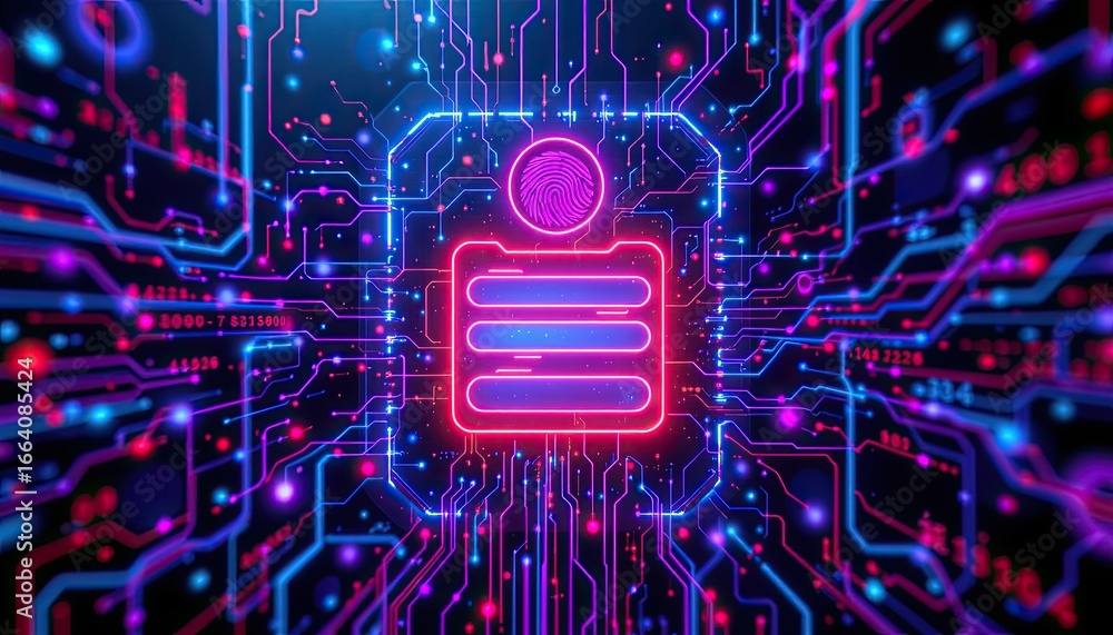 Poster neon circuit board with fingerprint design on technology background for digital security and identit
