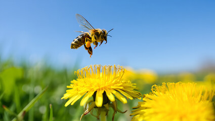 Detail of a bee covered in yellow pollen on a sunflower , 3d icon of closeup of a bee collecting pollen from a vibrant yellow flower transparent background