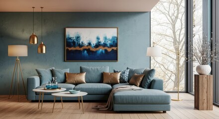 A modern living room showcases a stylish interior design with a comfortable sofa, elegant decor, and ample natural light from a large window