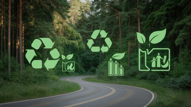 Curvy road winding through lush green forest with overlay of eco friendly and recycling icons, promoting sustainability and environmental awareness in peaceful natural setting - Powered by Adobe
