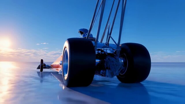 Top fuel dragster racing car on sunlit salt desert with clear sky