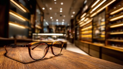 Eyeglasses on a table in a modern eyewear store, surrounded by glass cabinets and softly lit interiors
